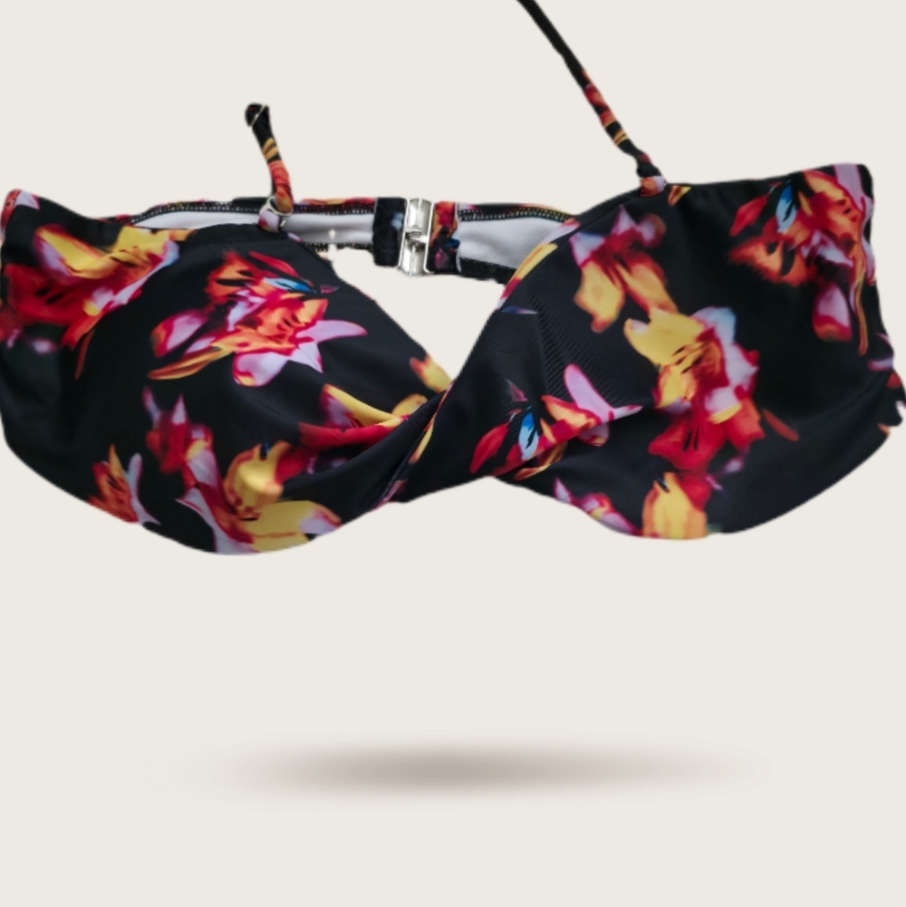Floral Twist Bandeau Bikini Top - Black with Red & Yellow Floral